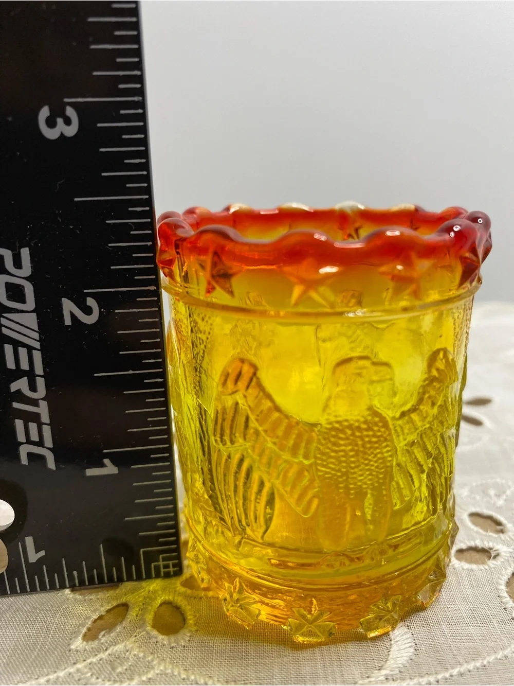 Vintage Kanawha Amberina Glass Toothpick Holder Eagle and Stars Patriotic Design